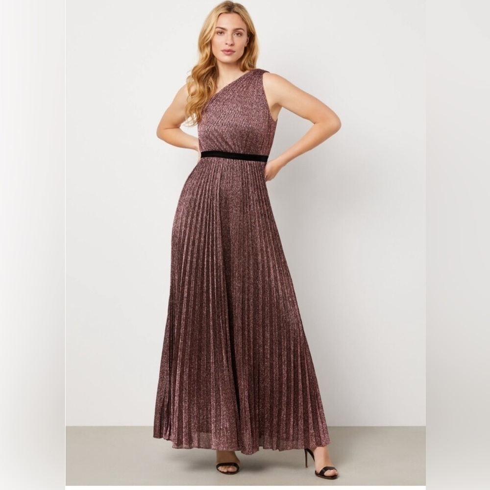 BCBGMAXAZRIA Yasmin One Shoulder Pleated Metallic Evening Gown size M